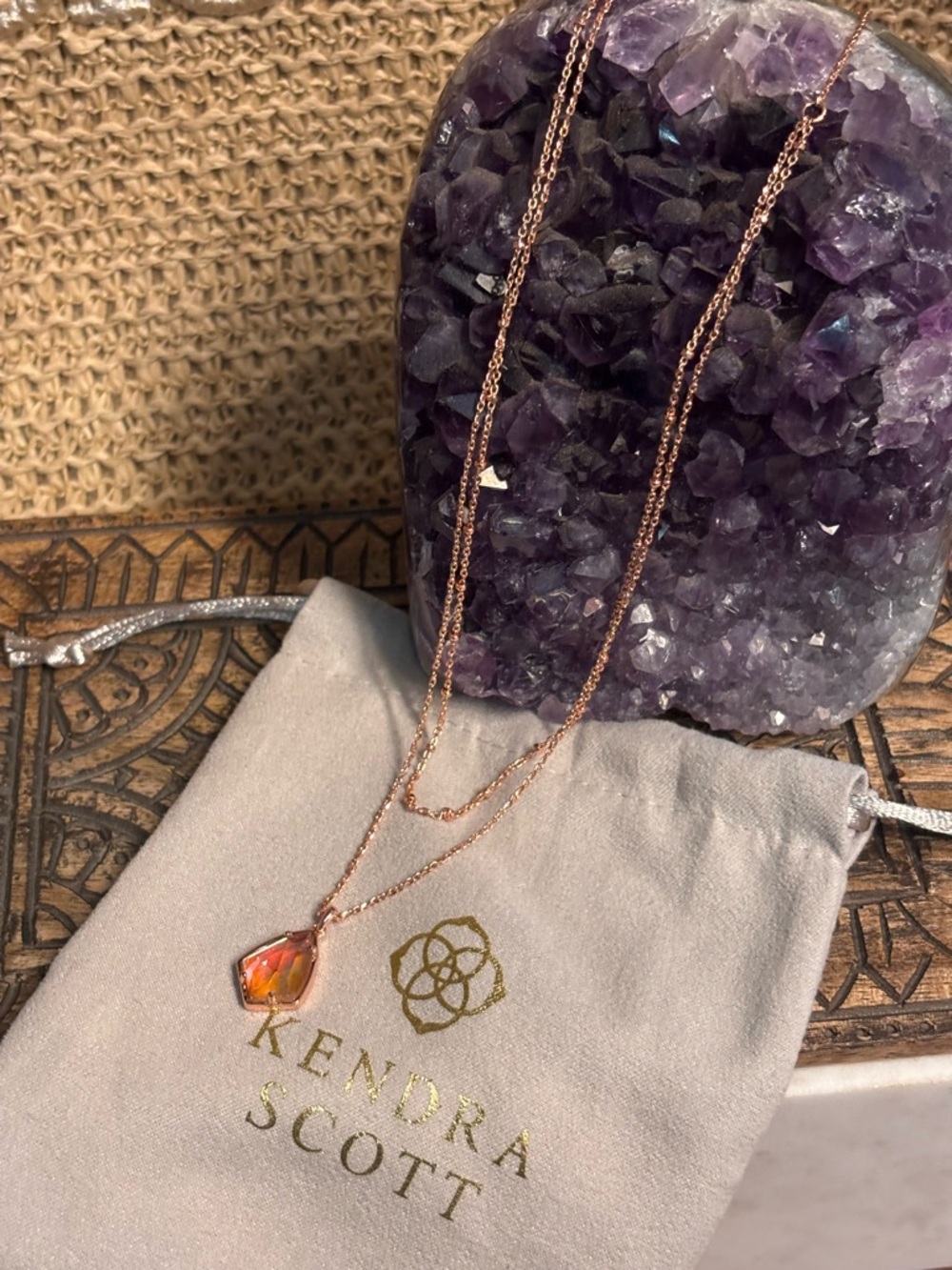 Kendra Scott Rose Gold Cory Pendant Necklace Fiery Pink Orange Stone